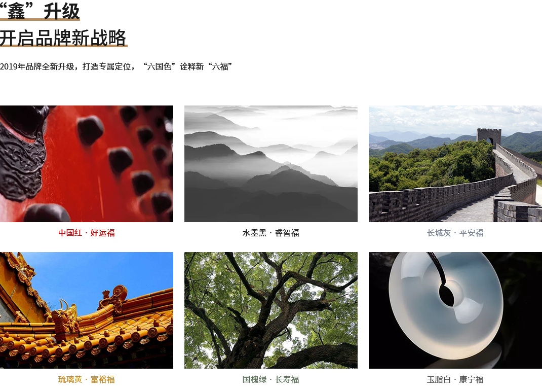 “鑫”升級,開啟品牌新戰(zhàn)略,2019年品牌全新升級，打造專屬定位，“六國色”詮釋新“六?！?中國紅 · 好運福,水墨黑 · 睿智福,長城灰 · 平安福,琉璃黃 · 富裕福,國槐綠 · 長壽福,玉脂白 · 康寧福