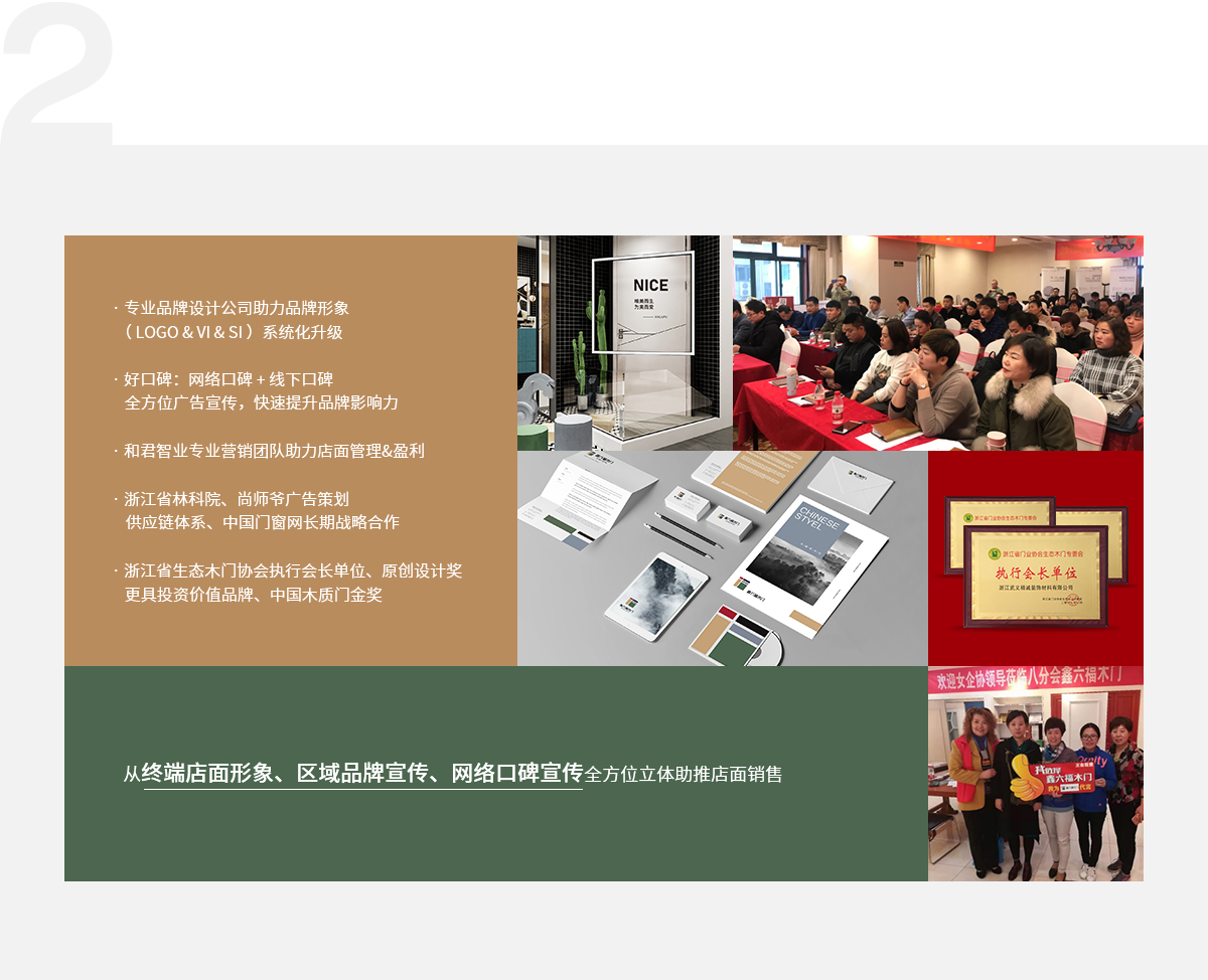 好品牌是經(jīng)銷(xiāo)商賺大錢(qián)前提,· 專業(yè)品牌設(shè)計(jì)公司助力品牌形象（ LOGO & VI & SI ）系統(tǒng)化升級(jí),· 好口碑：網(wǎng)絡(luò)口碑 + 線下口碑全方位廣告宣傳，快速提升品牌影響力,· 和君智業(yè)專業(yè)營(yíng)銷(xiāo)團(tuán)隊(duì)助力店面管理&盈利,· 浙江省林科院、尚師爺廣告策劃供應(yīng)鏈體系、中國(guó)門(mén)窗網(wǎng)長(zhǎng)期戰(zhàn)略合作,· 浙江省生態(tài)木門(mén)協(xié)會(huì)執(zhí)行會(huì)長(zhǎng)單位、原創(chuàng)設(shè)計(jì)獎(jiǎng)更具投資價(jià)值品牌、中國(guó)木質(zhì)門(mén)金獎(jiǎng),從終端店面形象、區(qū)域品牌宣傳、網(wǎng)絡(luò)口碑宣傳全方位立體助推店面銷(xiāo)售